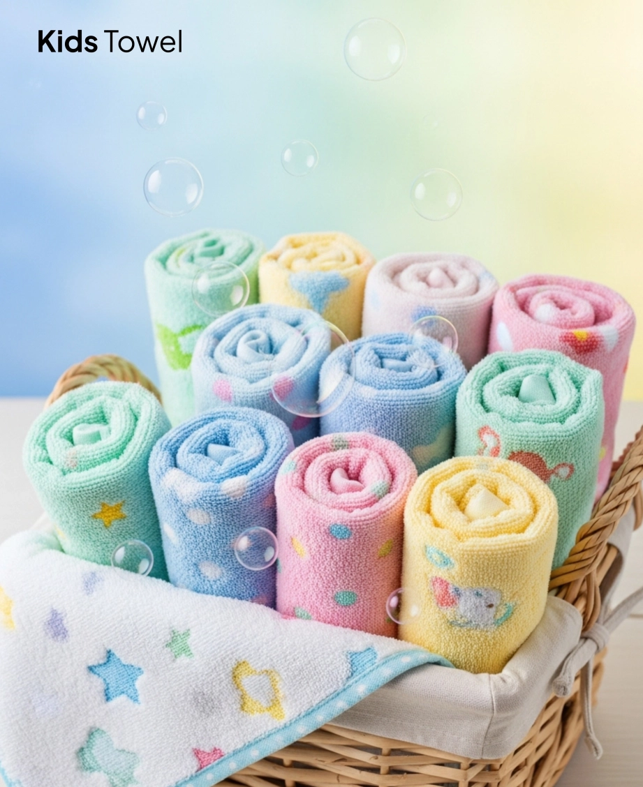 Colorful rolled kids towels in basket